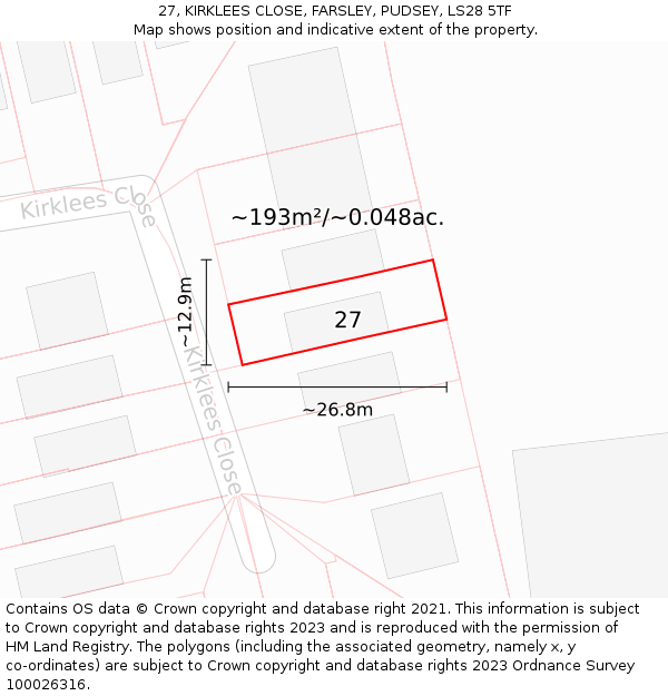 27, KIRKLEES CLOSE, FARSLEY, PUDSEY, LS28 5TF: Plot and title map