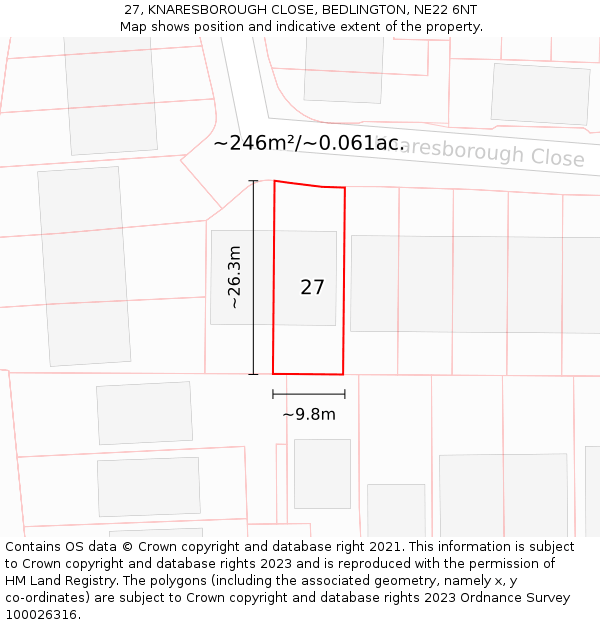 27, KNARESBOROUGH CLOSE, BEDLINGTON, NE22 6NT: Plot and title map