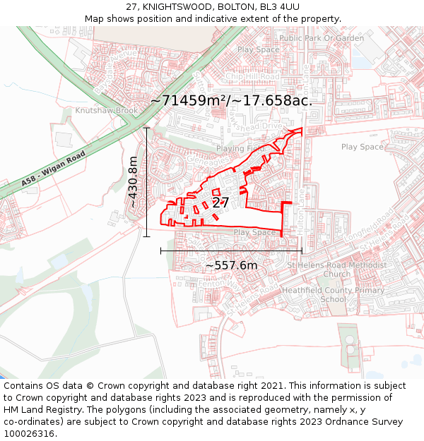 27, KNIGHTSWOOD, BOLTON, BL3 4UU: Plot and title map