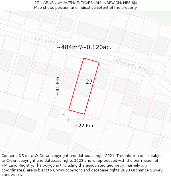 27, LABURNUM AVENUE, TAVERHAM, NORWICH, NR8 6JX: Plot and title map