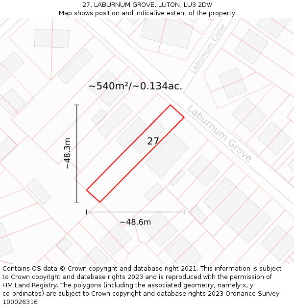 27, LABURNUM GROVE, LUTON, LU3 2DW: Plot and title map