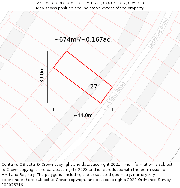 27, LACKFORD ROAD, CHIPSTEAD, COULSDON, CR5 3TB: Plot and title map