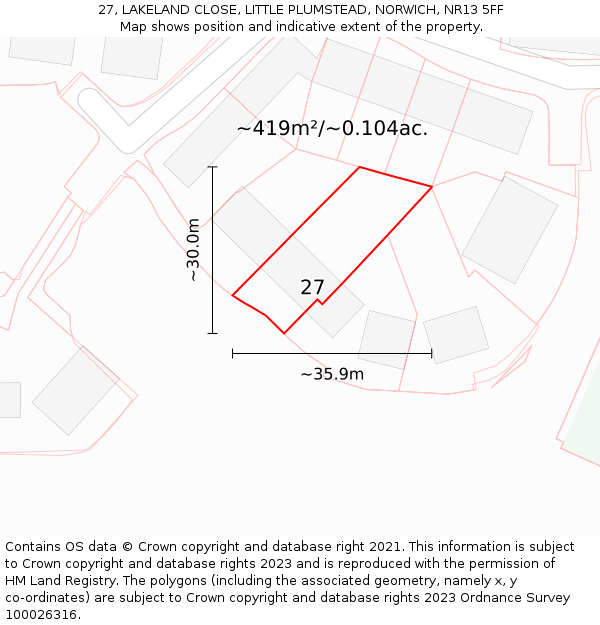 27, LAKELAND CLOSE, LITTLE PLUMSTEAD, NORWICH, NR13 5FF: Plot and title map