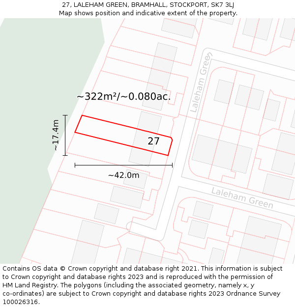 27, LALEHAM GREEN, BRAMHALL, STOCKPORT, SK7 3LJ: Plot and title map