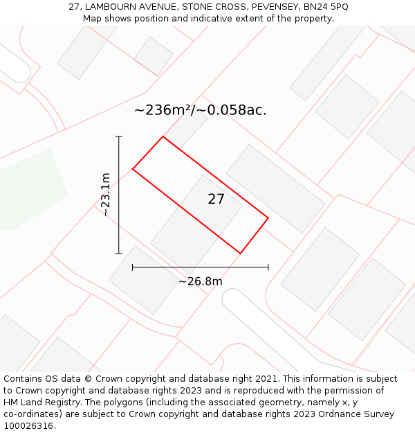 27, LAMBOURN AVENUE, STONE CROSS, PEVENSEY, BN24 5PQ: Plot and title map