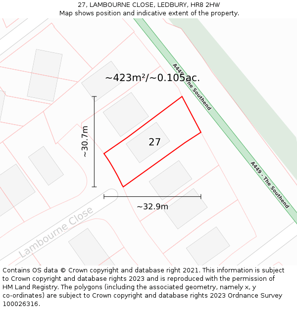 27, LAMBOURNE CLOSE, LEDBURY, HR8 2HW: Plot and title map