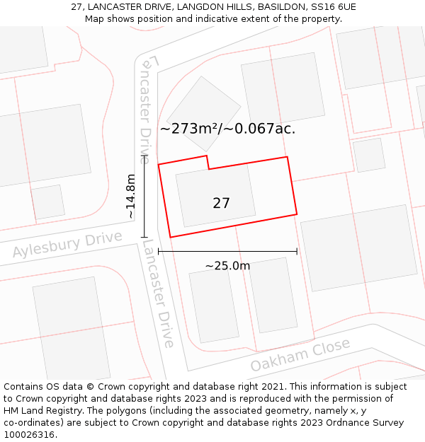 27, LANCASTER DRIVE, LANGDON HILLS, BASILDON, SS16 6UE: Plot and title map
