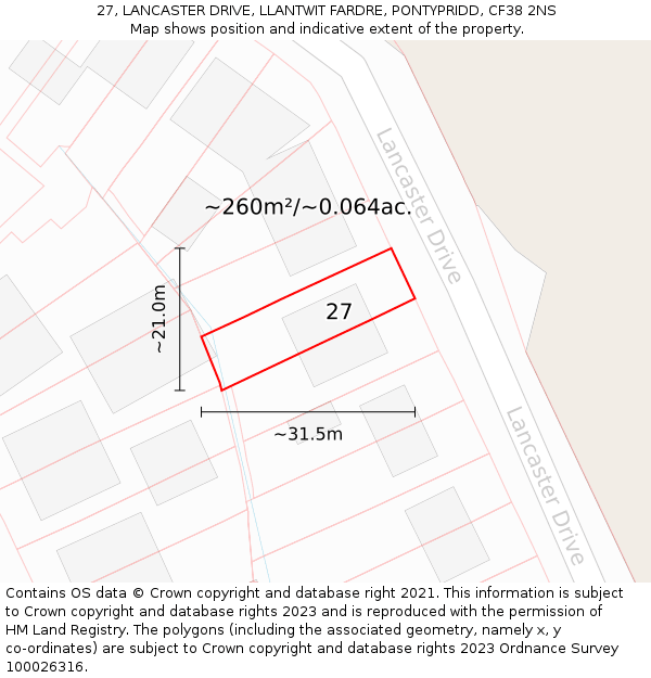 27, LANCASTER DRIVE, LLANTWIT FARDRE, PONTYPRIDD, CF38 2NS: Plot and title map