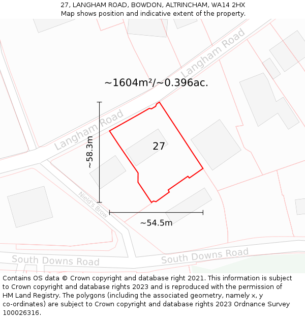 27, LANGHAM ROAD, BOWDON, ALTRINCHAM, WA14 2HX: Plot and title map