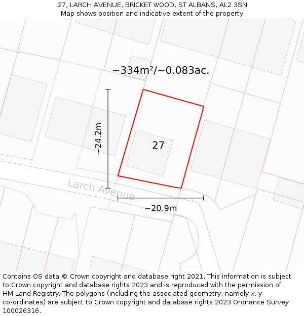 27, LARCH AVENUE, BRICKET WOOD, ST ALBANS, AL2 3SN: Plot and title map