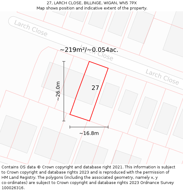 27, LARCH CLOSE, BILLINGE, WIGAN, WN5 7PX: Plot and title map