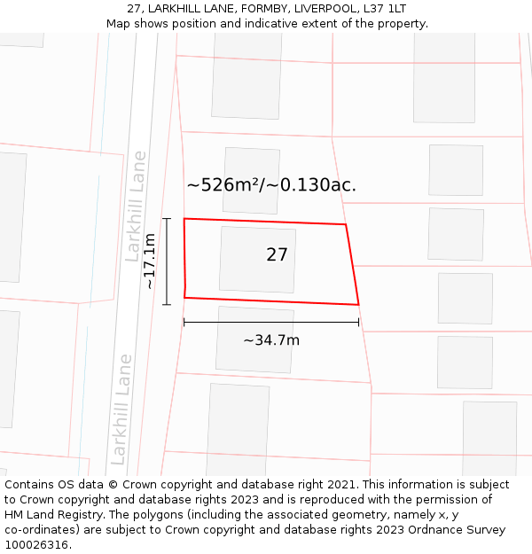 27, LARKHILL LANE, FORMBY, LIVERPOOL, L37 1LT: Plot and title map