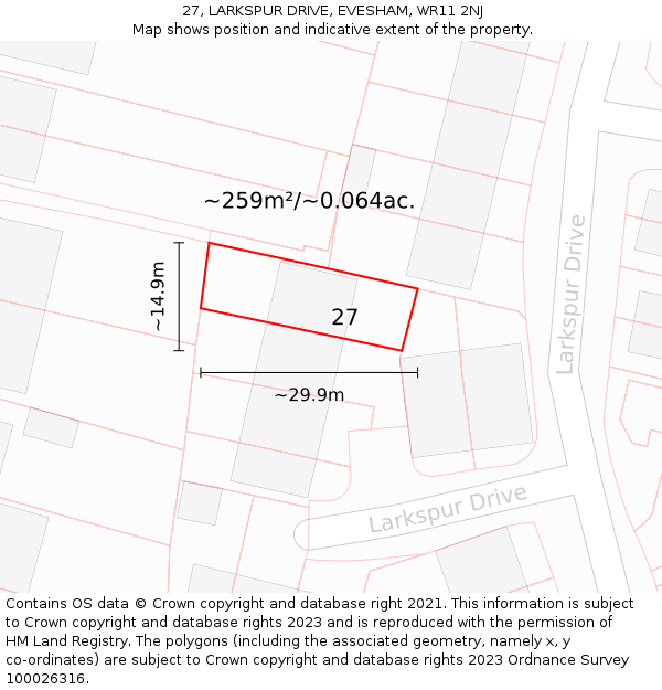 27, LARKSPUR DRIVE, EVESHAM, WR11 2NJ: Plot and title map