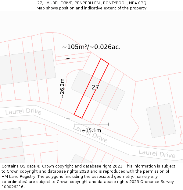 27, LAUREL DRIVE, PENPERLLENI, PONTYPOOL, NP4 0BQ: Plot and title map