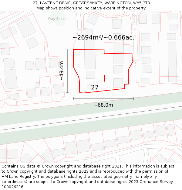 27, LAVERNE DRIVE, GREAT SANKEY, WARRINGTON, WA5 3TR: Plot and title map