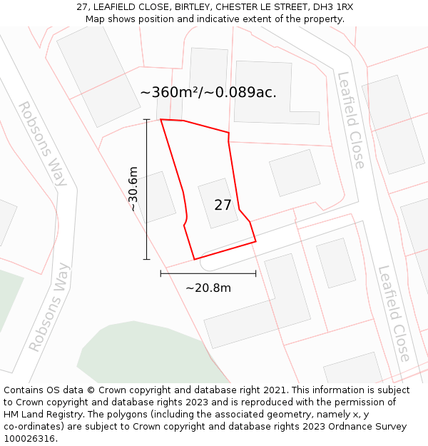 27, LEAFIELD CLOSE, BIRTLEY, CHESTER LE STREET, DH3 1RX: Plot and title map