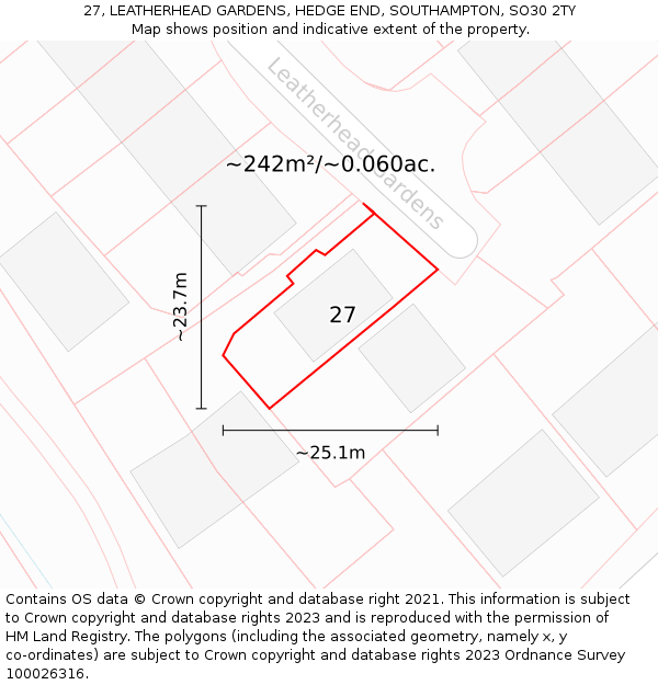 27, LEATHERHEAD GARDENS, HEDGE END, SOUTHAMPTON, SO30 2TY: Plot and title map