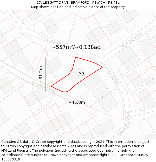 27, LEGGATT DRIVE, BRAMFORD, IPSWICH, IP8 4EU: Plot and title map