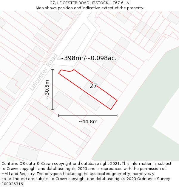 27, LEICESTER ROAD, IBSTOCK, LE67 6HN: Plot and title map