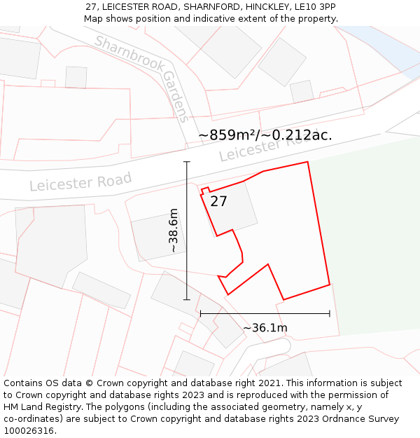 27, LEICESTER ROAD, SHARNFORD, HINCKLEY, LE10 3PP: Plot and title map