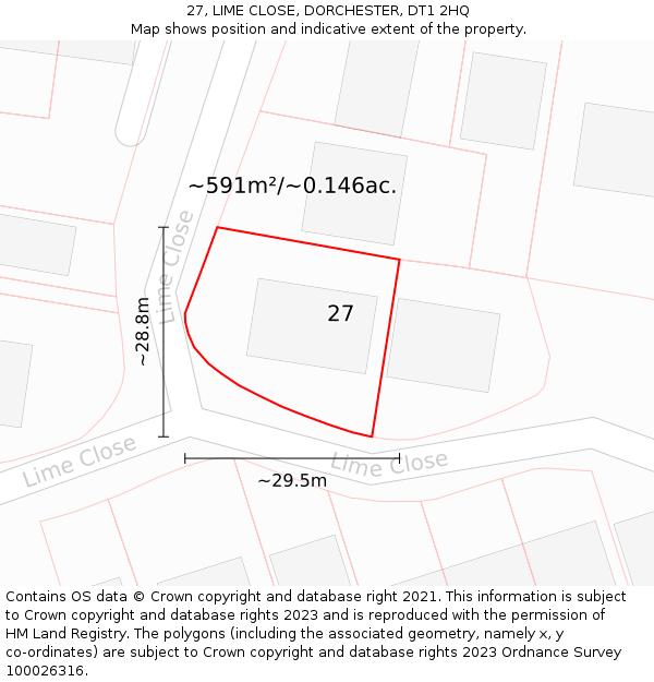 27, LIME CLOSE, DORCHESTER, DT1 2HQ: Plot and title map