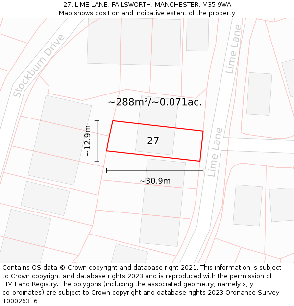 27, LIME LANE, FAILSWORTH, MANCHESTER, M35 9WA: Plot and title map