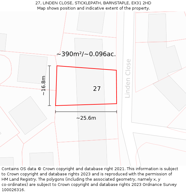 27, LINDEN CLOSE, STICKLEPATH, BARNSTAPLE, EX31 2HD: Plot and title map