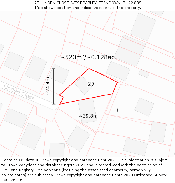 27, LINDEN CLOSE, WEST PARLEY, FERNDOWN, BH22 8RS: Plot and title map