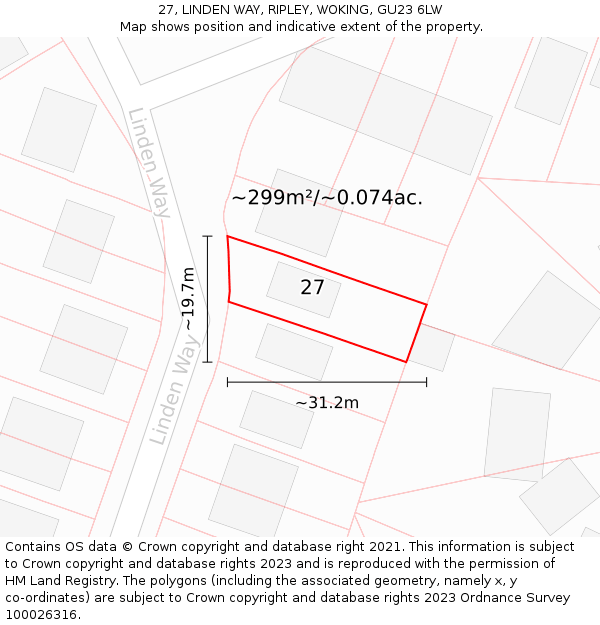 27, LINDEN WAY, RIPLEY, WOKING, GU23 6LW: Plot and title map