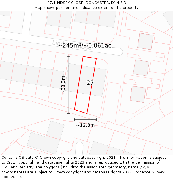 27, LINDSEY CLOSE, DONCASTER, DN4 7JD: Plot and title map