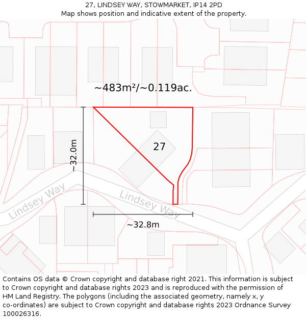 27, LINDSEY WAY, STOWMARKET, IP14 2PD: Plot and title map