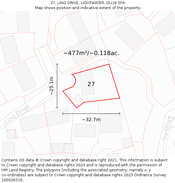 27, LING DRIVE, LIGHTWATER, GU18 5PA: Plot and title map