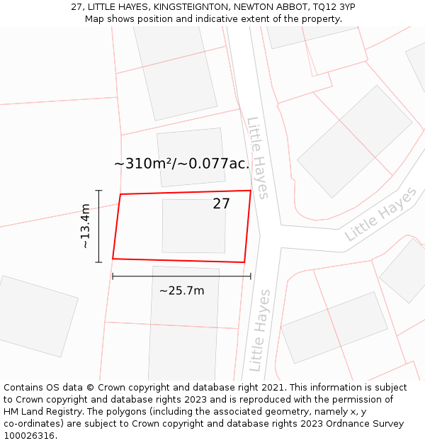 27, LITTLE HAYES, KINGSTEIGNTON, NEWTON ABBOT, TQ12 3YP: Plot and title map