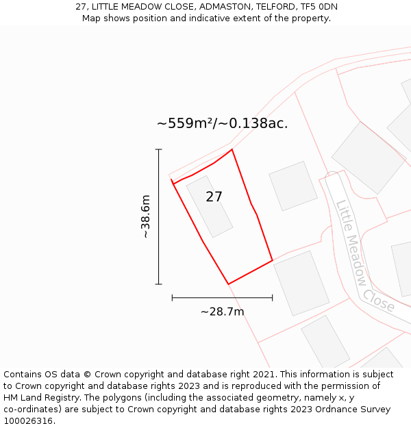 27, LITTLE MEADOW CLOSE, ADMASTON, TELFORD, TF5 0DN: Plot and title map