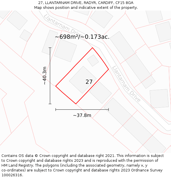 27, LLANTARNAM DRIVE, RADYR, CARDIFF, CF15 8GA: Plot and title map