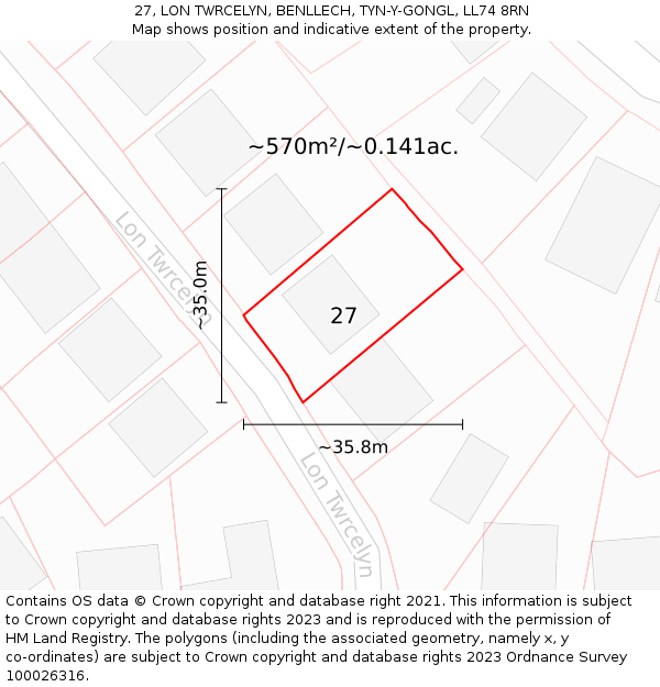 27, LON TWRCELYN, BENLLECH, TYN-Y-GONGL, LL74 8RN: Plot and title map