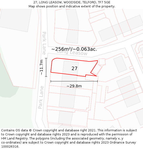 27, LONG LEASOW, WOODSIDE, TELFORD, TF7 5GE: Plot and title map