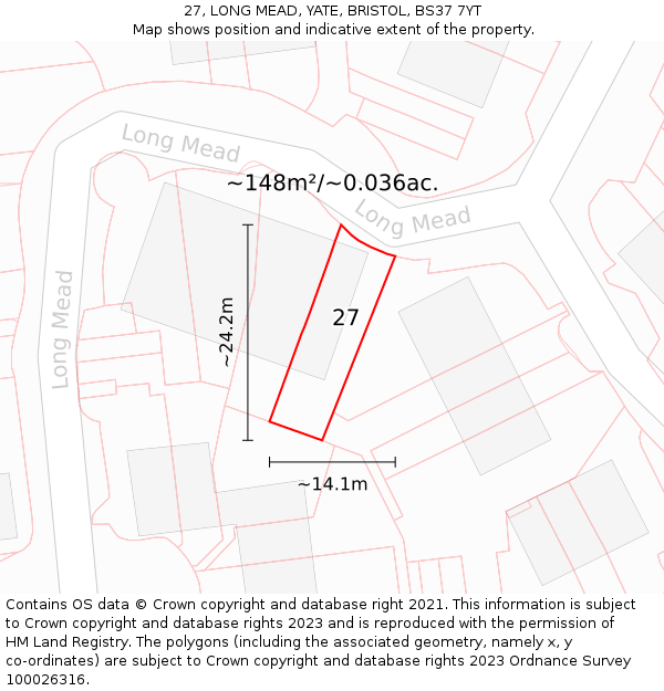 27, LONG MEAD, YATE, BRISTOL, BS37 7YT: Plot and title map