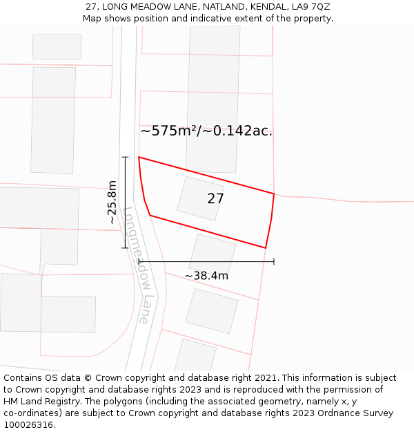 27, LONG MEADOW LANE, NATLAND, KENDAL, LA9 7QZ: Plot and title map