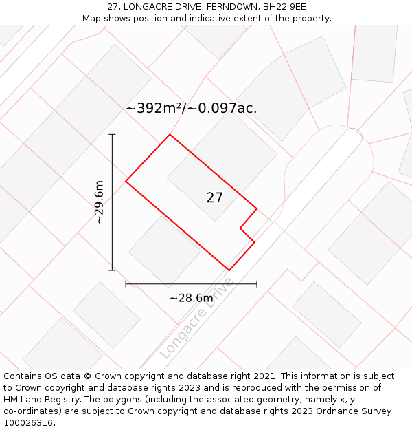 27, LONGACRE DRIVE, FERNDOWN, BH22 9EE: Plot and title map