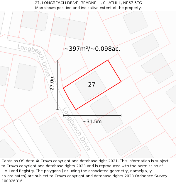 27, LONGBEACH DRIVE, BEADNELL, CHATHILL, NE67 5EG: Plot and title map