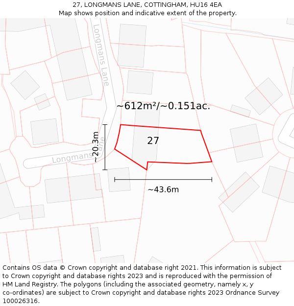 27, LONGMANS LANE, COTTINGHAM, HU16 4EA: Plot and title map