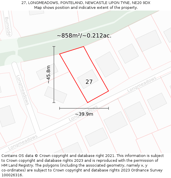 27, LONGMEADOWS, PONTELAND, NEWCASTLE UPON TYNE, NE20 9DX: Plot and title map