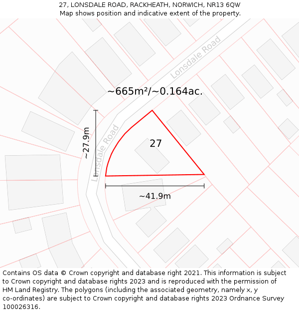 27, LONSDALE ROAD, RACKHEATH, NORWICH, NR13 6QW: Plot and title map