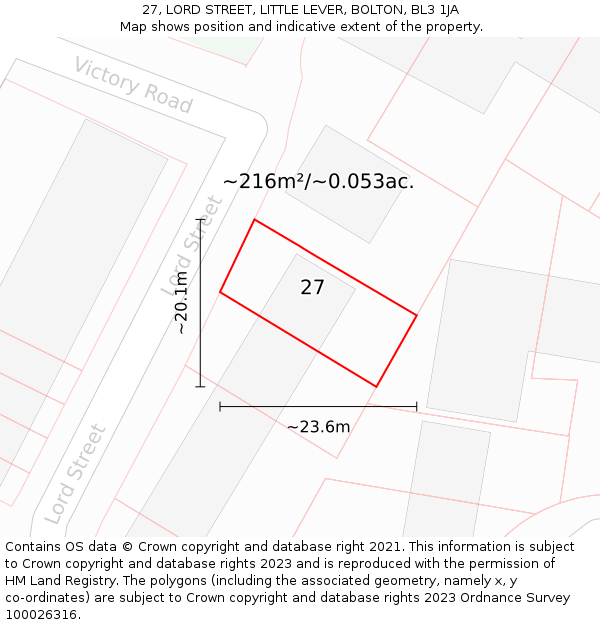 27, LORD STREET, LITTLE LEVER, BOLTON, BL3 1JA: Plot and title map