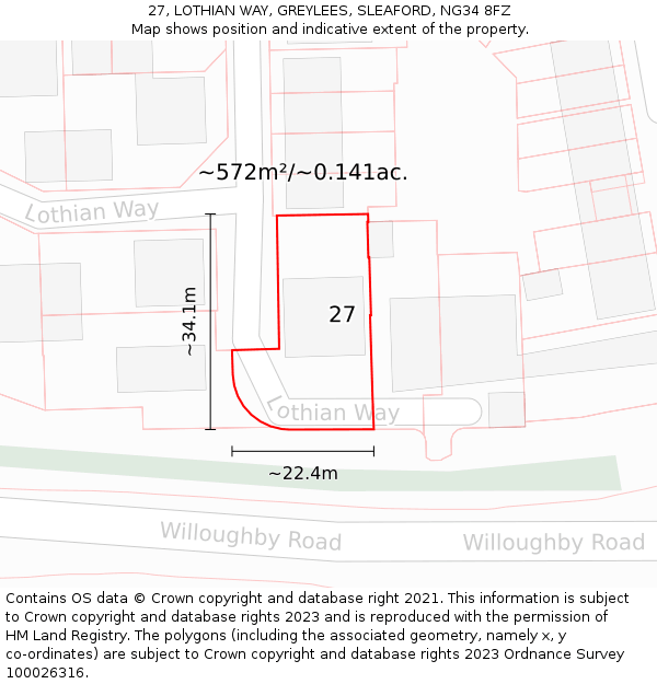 27, LOTHIAN WAY, GREYLEES, SLEAFORD, NG34 8FZ: Plot and title map