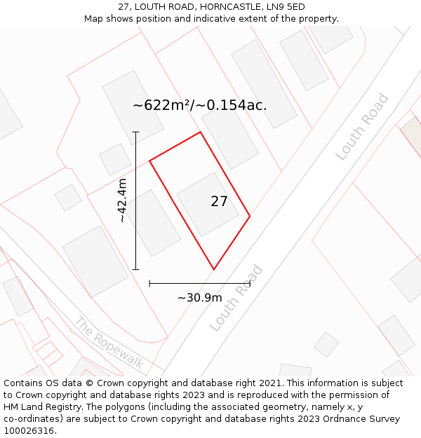 27, LOUTH ROAD, HORNCASTLE, LN9 5ED: Plot and title map