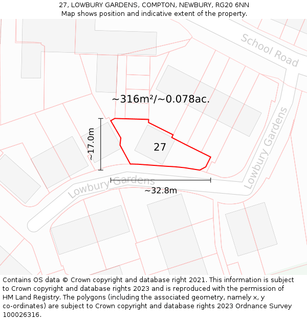 27, LOWBURY GARDENS, COMPTON, NEWBURY, RG20 6NN: Plot and title map