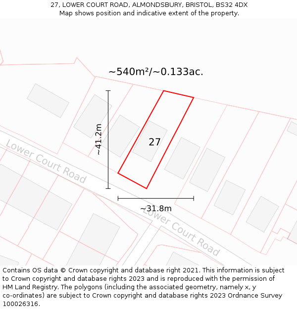 27, LOWER COURT ROAD, ALMONDSBURY, BRISTOL, BS32 4DX: Plot and title map