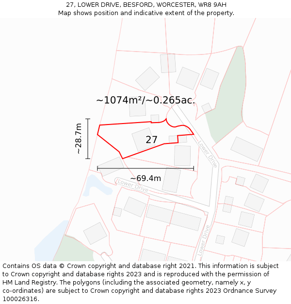 27, LOWER DRIVE, BESFORD, WORCESTER, WR8 9AH: Plot and title map